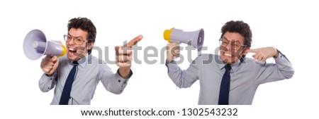 Young employee with loudspeaker isolated on white