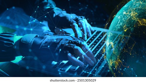 young engineer building a network system .Cybercrime, hacker and thinking at computer for virus, overlay and futuristic at desk. Male criminal, hoodie and ready for coding, cyber attack and programmi
