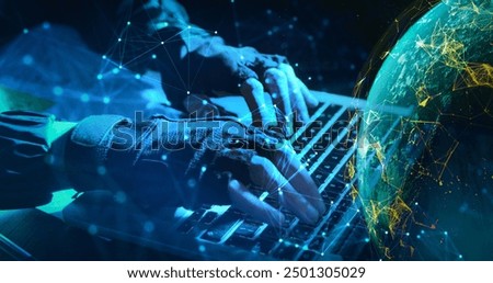young engineer building a network system .Cybercrime, hacker and thinking at computer for virus, overlay and futuristic at desk. Male criminal, hoodie and ready for coding, cyber attack and programmi
