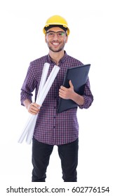 Young Engineer Holding Laptop On White Background