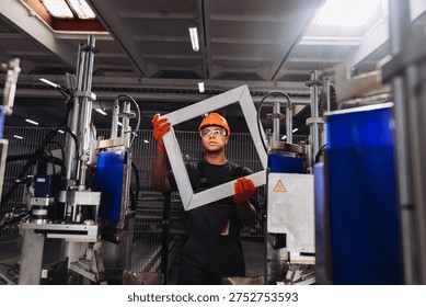 Young engineer holding a window frame in a pvc window factory, ensuring product quality and checking for defects