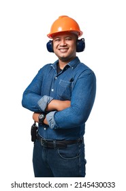 A Young Engineer Standing, Smiling With His Arms Crossed, Wearing A Helmet And Earmuff. On A White Background With Clipping Path And Cut Out