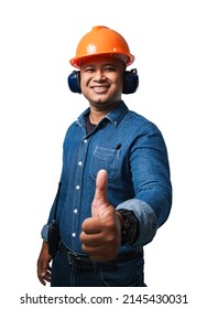 A Young Engineer Standing, Smiling, Thumbs Up, Wearing A Helmet And Earmuff. On A White Background With Clipping Path And Cut Out