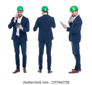 Young Engineer With Tablet Calling By Phone, Front, Side, Rear View, Isolated On White