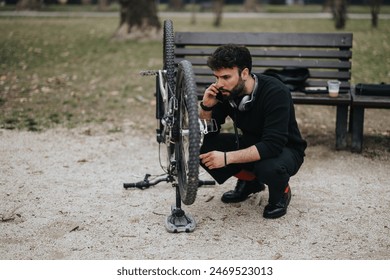 A young entrepreneur takes a thoughtful break on a park bench, his bicycle overturned beside him, contemplating business. - Powered by Shutterstock