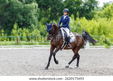 Young Equestrian Performing Dressage Test at Horse Riding Competition.