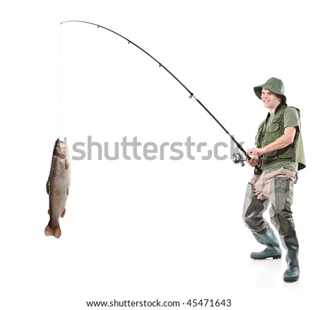 Young euphoric fisherman catching a fish isolated on white background