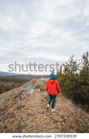 Young explorer in red jacket walking ridge toward cliff edge, expansive valley and autumn forest below, cloudy sky overhead, backpack and steady stride, strong sense of curiosity and wide