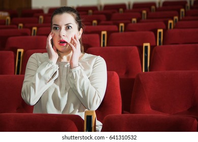 Young Expressive Woman Watching Theatre Show, Emotion Fright, Cinema Concept