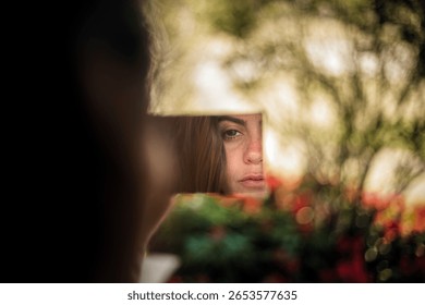Young Woman’s Face Reflected in a Small Mirror Outdoors