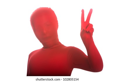 A Young, Faceless Girl Wearing A Colorful, Bright Red Body Suit Giving A Peace Sign.