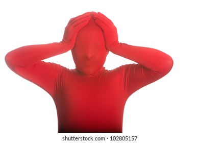 A Young, Faceless Girl Wearing A Colorful, Bright Red Body Suit Wondering What The Heck Happened.