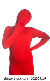 A Young, Faceless Girl Wearing A Colorful, Bright Red Body Suit Thinking About Something.