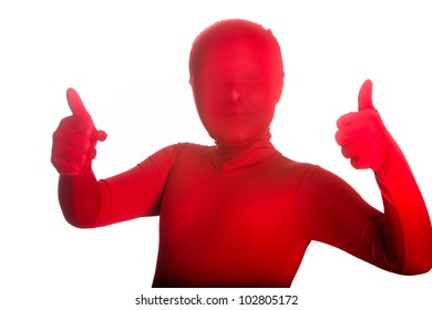 A Young, Faceless Girl Wearing A Colorful, Bright Red Body Suit Giving Two Thumbs Up.