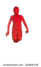 A Young, Faceless Girl Wearing A Colorful, Bright Red Body Suit Jumping In The Air.