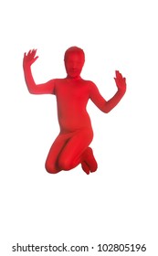 A Young, Faceless Girl Wearing A Colorful, Bright Red Body Suit Jumping In The Air.