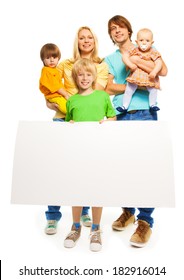 Young family with blank advertising banner