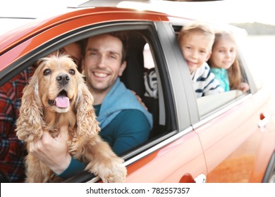 Young Family With Cute Children And Dog In Car