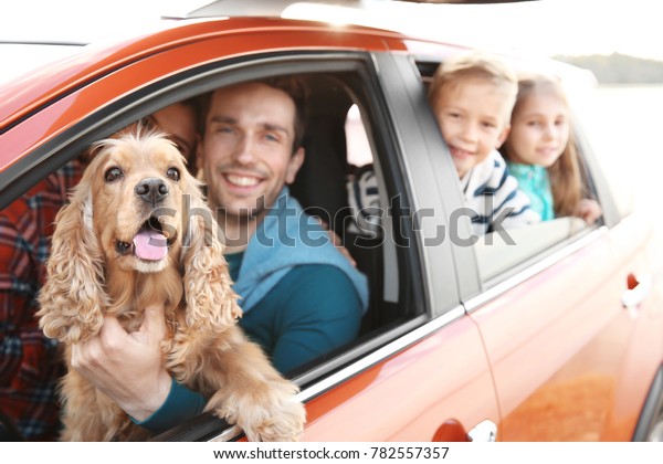 Young family\
with cute children and dog in\
car