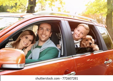 Young Family With Dog In Car