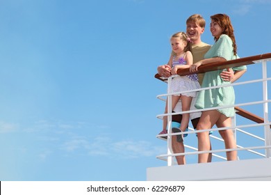 Young Family Has Summer Leisure In Cruise On Motor Ship