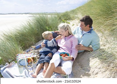 Young Family Having Picnic At Beach