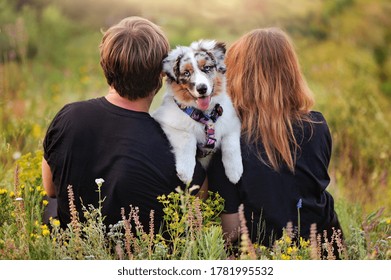 Young Family Holding Aussie Puppy On The Shoulder