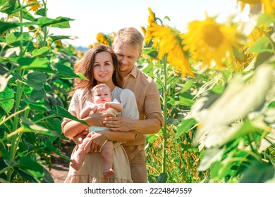 A Young Family With A Little Cute Baby In A Field Of Sunflowers. Happy Summer, Family Activities And Outdoors Lifestyle.