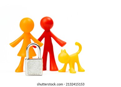 Young Family With Pet And Lock. Ban On Children Or Adoption Concept. Isolated On A White Background