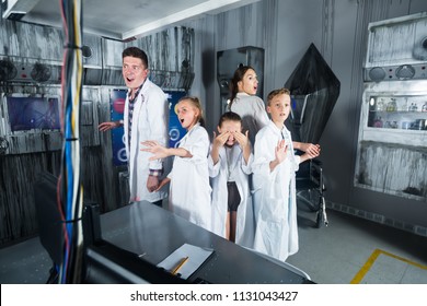 Young Family Is Visiting Of Escape Room Stylized Under Laboratory