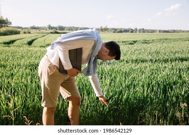 Young Farmer With Folder Under His Arm 40 Years Old Checking His Forage Crop, Small Bussiness Concept