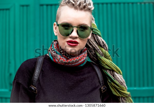 Young Fashion Hipster Woman Long Dreadlocks Stock Photo