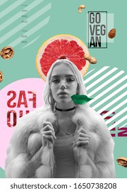 Young fashion stylish teen girl wear faux fur look at camera on trendy vegan minimal creative modern contemporary art collage aqua menthe background, zine culture, healthy lifestyle concept Vertical