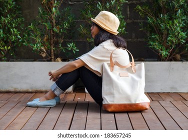 Young Fashion Woman With A Canvas Bag, Outdoor Portrait