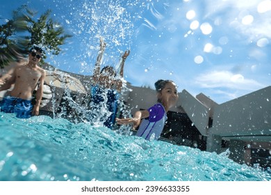 Young father to accompany children play in the pool - Powered by Shutterstock