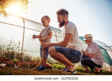 Young father with his son working in the garden,enjoying together. - Shutterstock ID 1127023220
