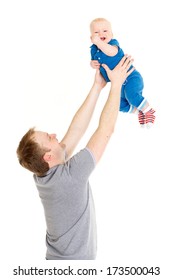 Young father and little child on a white background. Happy family.