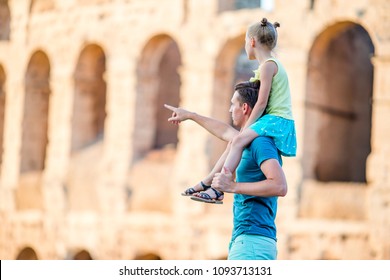 Young Father And Little Girl Background Colosseum, Rome, Italy. Family Travel Concept