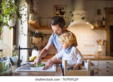 Young father with a toddler boy cooking.