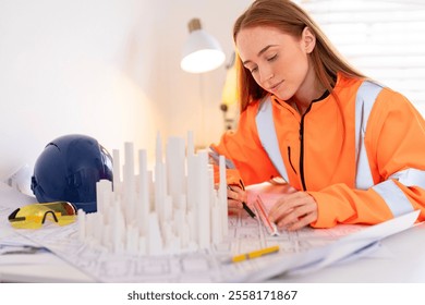 Young female architect working on building model while wearing safety gear in a bright workspace - Powered by Shutterstock