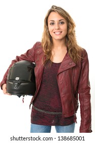 Young Female Biker Holding A Crash Helmet