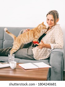 Young Female Businesswoman With A Ginger Cat On The Couch Looking At The Screen Of A Mobile Phone.