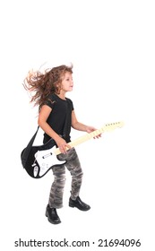 A Young Female Child Playing Guitar Like A Rockstar Over White