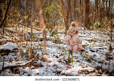 Young Female Child In Winter Eating Snow Outdoors In The Forest