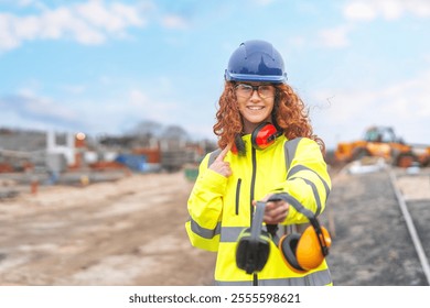 Young female construction worker smiles and gestures while holding safety headphones at a job site