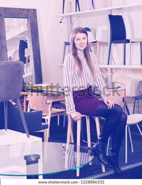 Young Female Customer Posing Furniture Store Stock Photo Edit Now