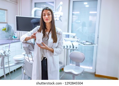 Young female dentist holding tooth model. Molar with dentist background ,dental concept. Dentist showing tooth model on blurred background. - Shutterstock ID 1292845504