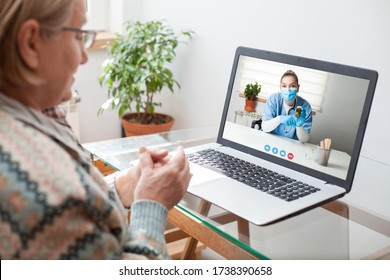 Young female doctor consulting with elderly woman over video help line virtual medical appointment chat,GP prescribing medication to senior patient,telemedicine diagnosis,therapy and treatment concept