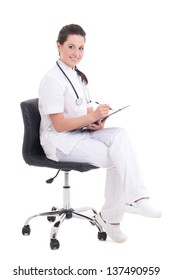 Young Female Doctor Sitting With Folder Over White Background