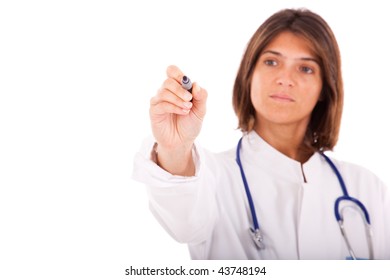 young female doctor writing at the whiteboard (add your message)